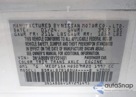 2024 Nissan Sentra S Xtronic Cvt z USA, uszkodzony, nr VIN 3N1AB8BV1RY291491